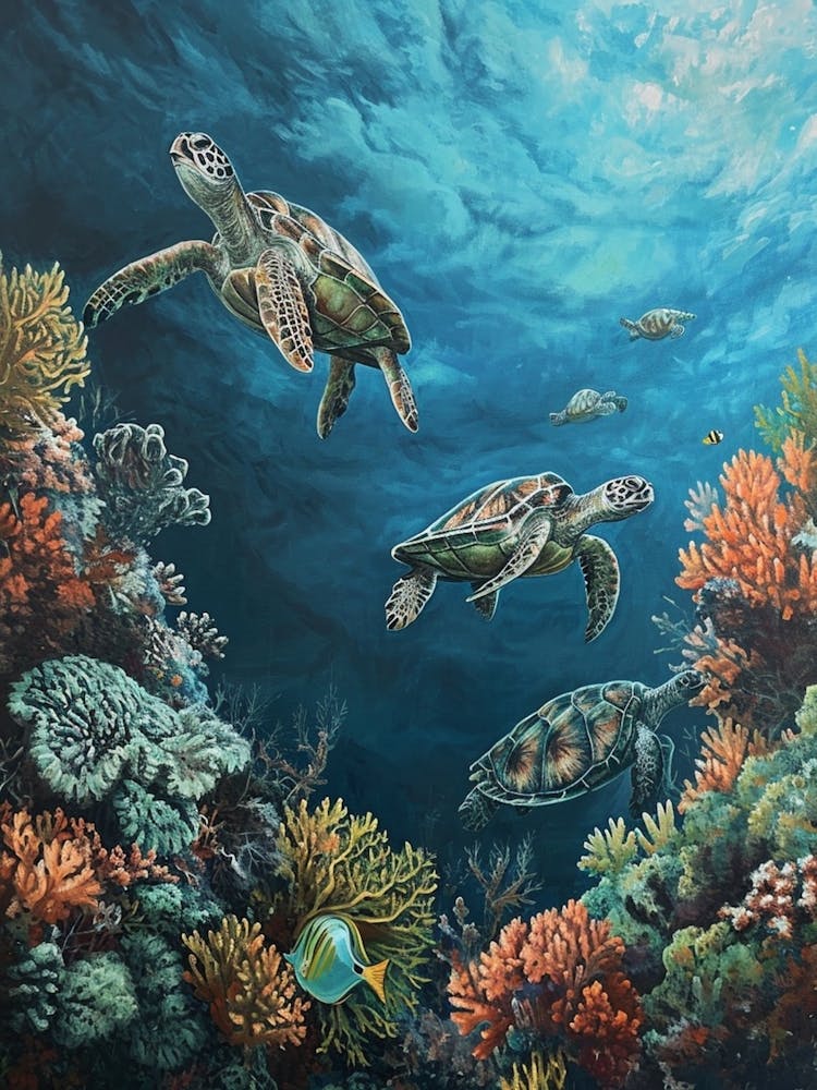 Sea Turtles With A Coral Reef Expressionism Style Painting 3
