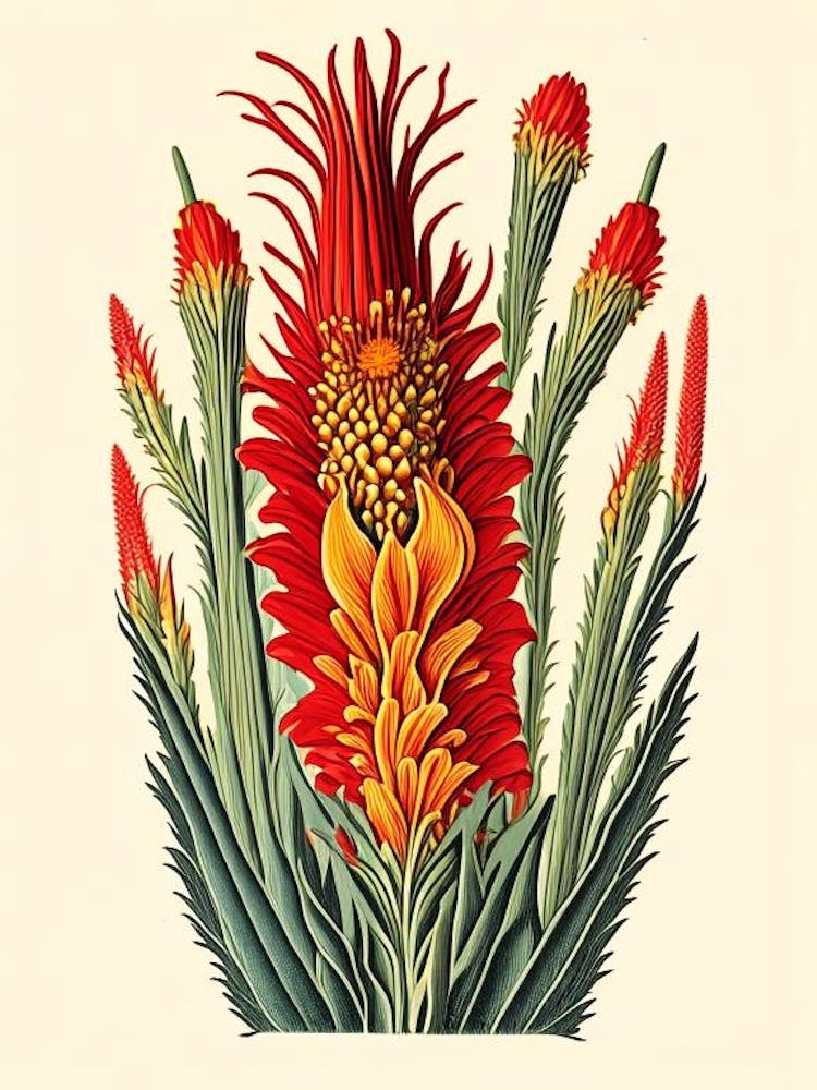 Red Hot Poker Wildflower Vintage Botanical