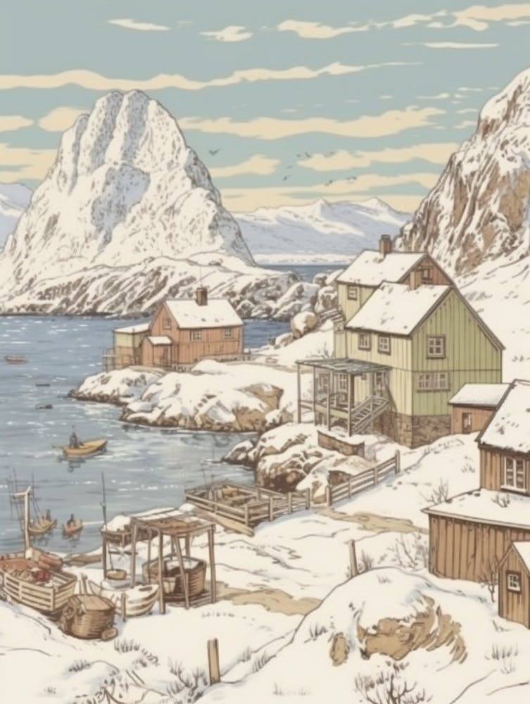 Vintage Winter Illustration Lofoten Islands Norway 2