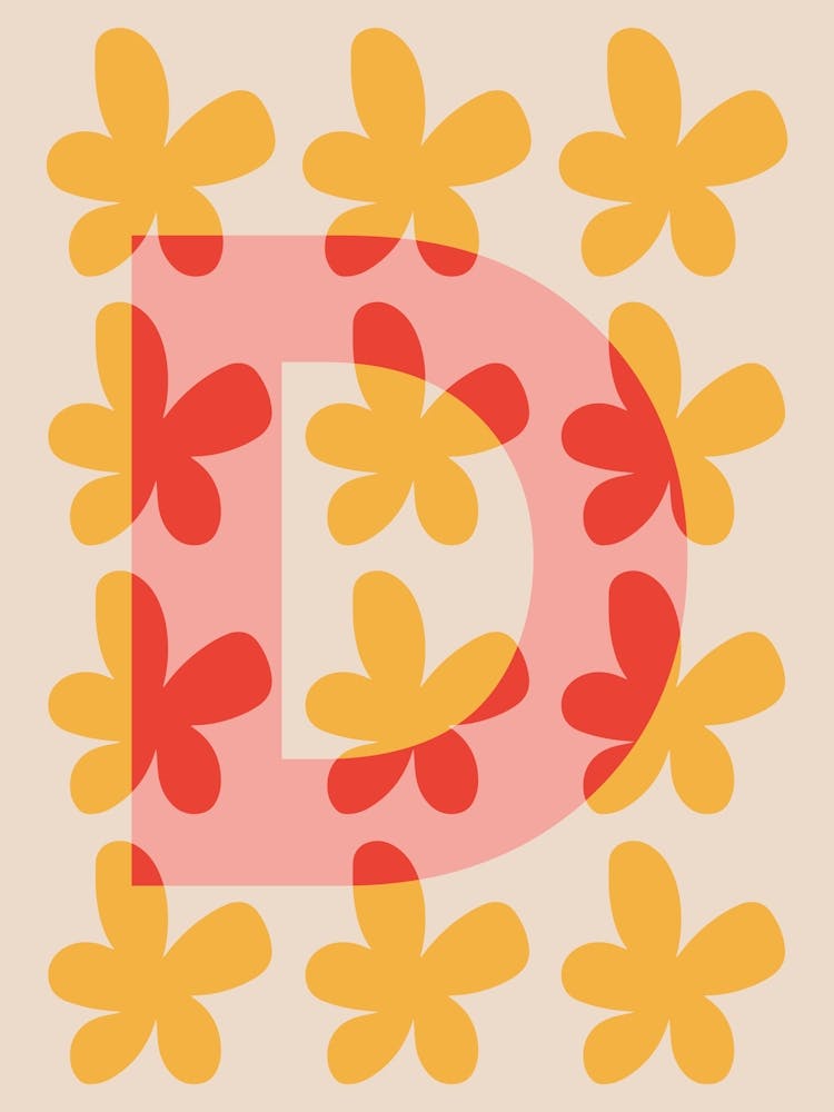 Alphabet Flower Letter D Print - Pink, Yellow, Red