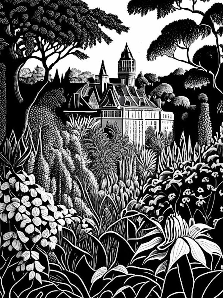 Powis Castle Gardens, 1, United Kingdom Linocut Black And White Vintage