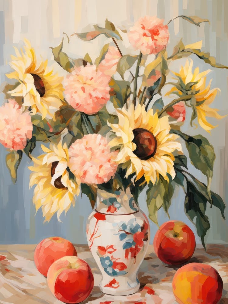 Sunflower Flower And Peaches Still Life Painting 3 Dreamy