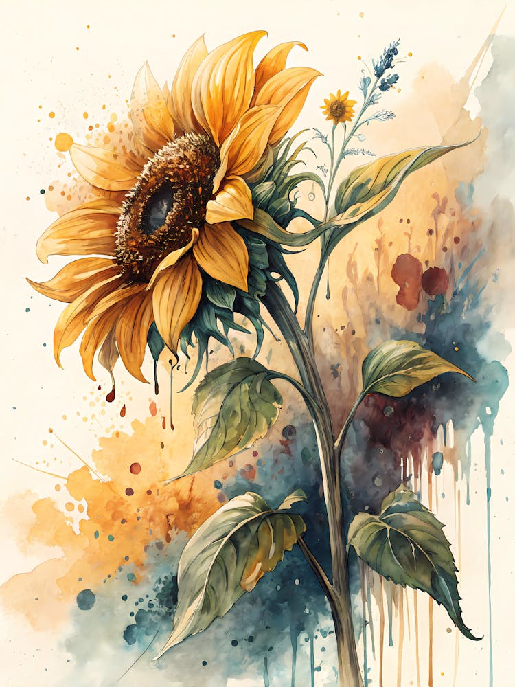 Oil Painting Style Oversized Sunflower In Watercolor