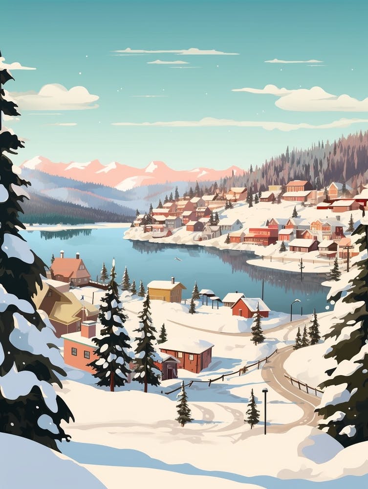 Vintage Winter Travel Illustration Big Bear Lake California 4