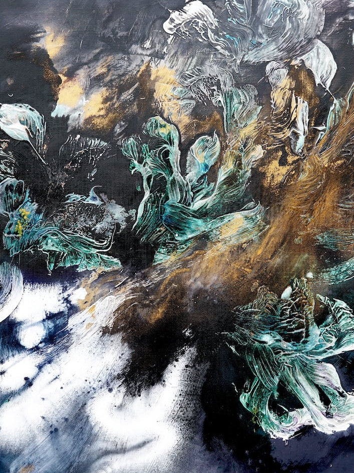 Green Flowers Black Background Painting