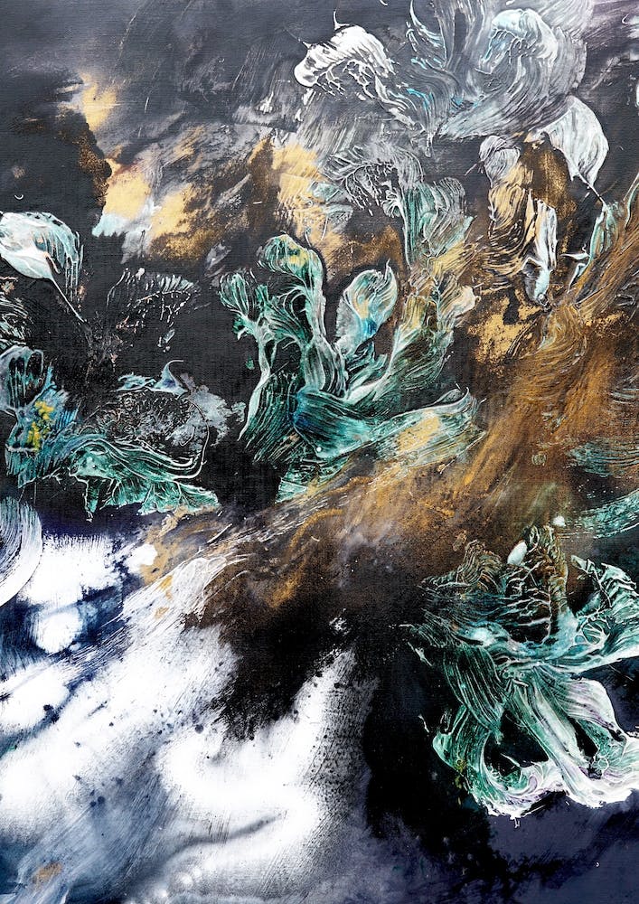 Green Flowers Black Background Painting