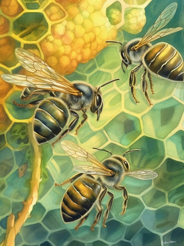 Blue Eyed Sweat Bee Beehive Watercolour Illustration 2