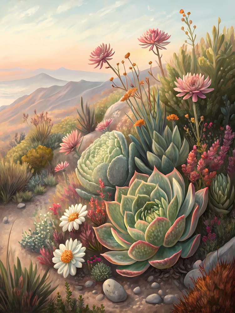 Succulent Plants Arranged with Desert Flowers Oil Painting Style