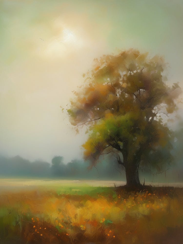 Oak tree, fine work of art, misty atmosphere, green meadow..2