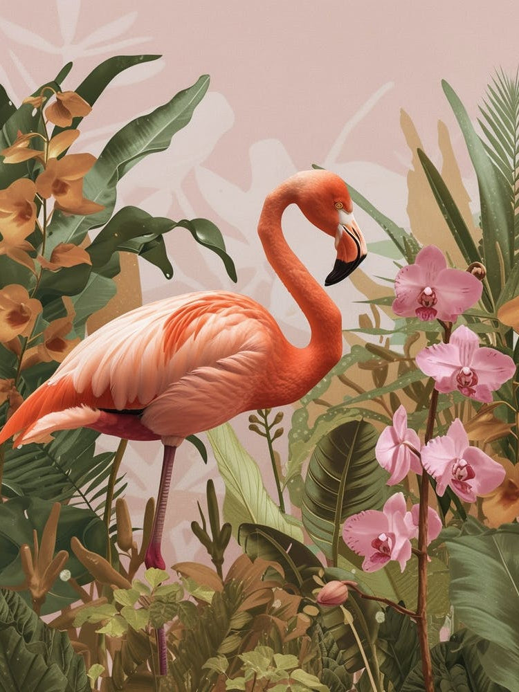 Lesser Flamingo And Orchids Minimalist Illustration 4