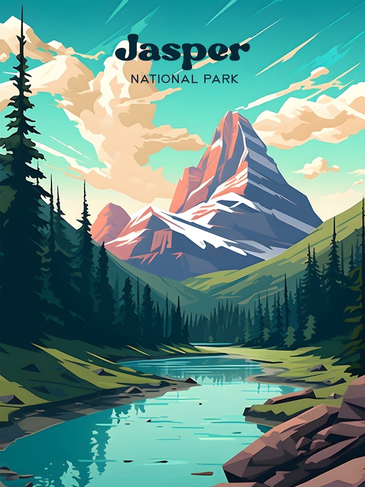 Jasper National Park Alberta Canada Mountain Modern Travel Illustration