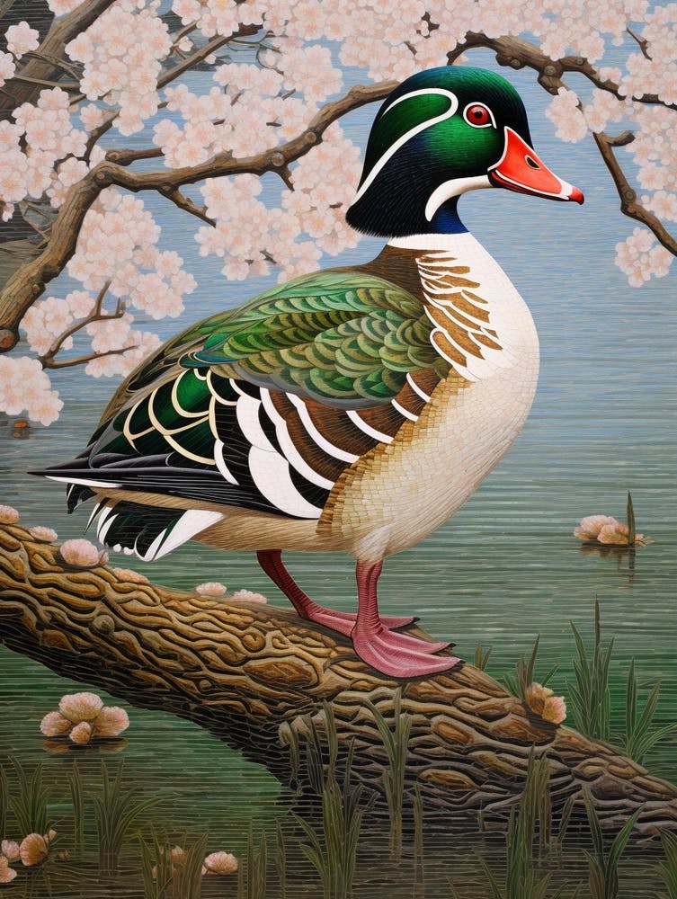 Ohara Koson Inspired Bird Painting Wood Duck 1