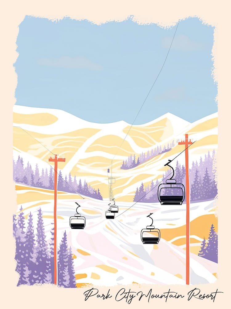 Affiche de Park City Mountain Resort Utah, Usa, Illustration Station de Ski Couleurs Pastel 0