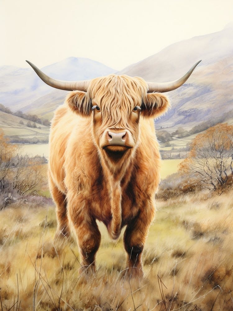 Vache des Highlands Avec Collines Ondulantes Aquarelle 3