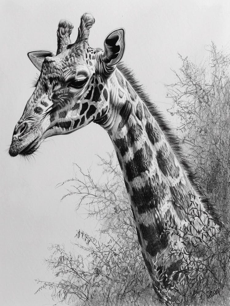 Giraffe With Head In The Branches Pencil Drawing 1