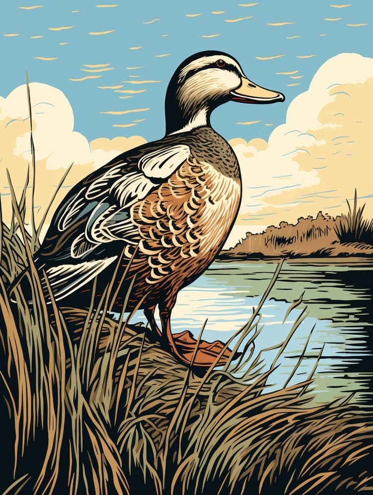 Vintage Bird Linocut Mallard Duck 4