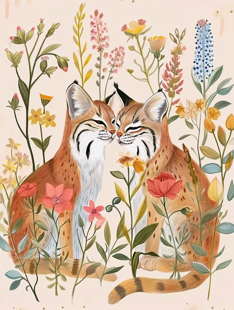 Folksy Floral Animal Drawing Bobcat 2
