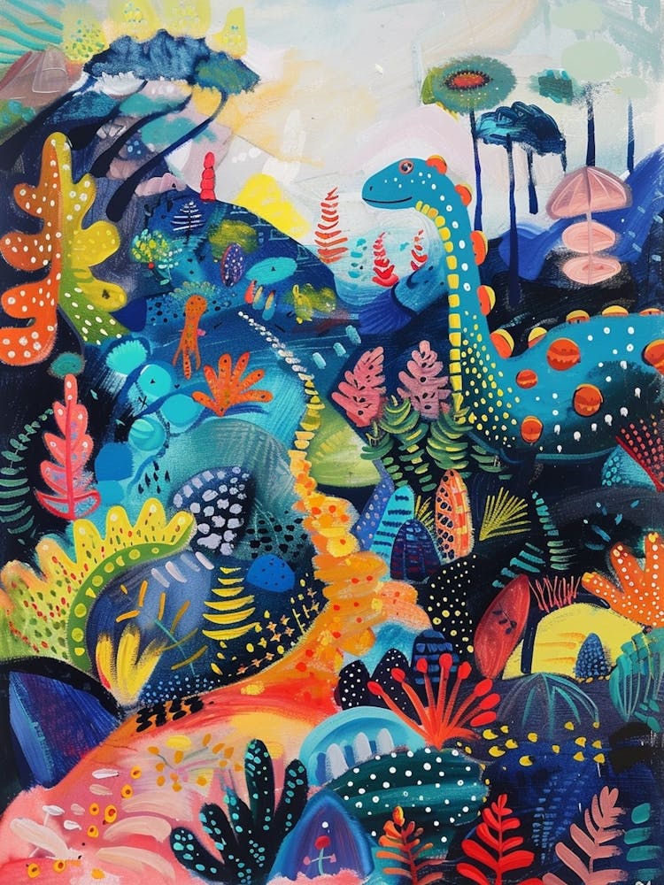 Blue Pattern Dinosaur In The Wild Painting