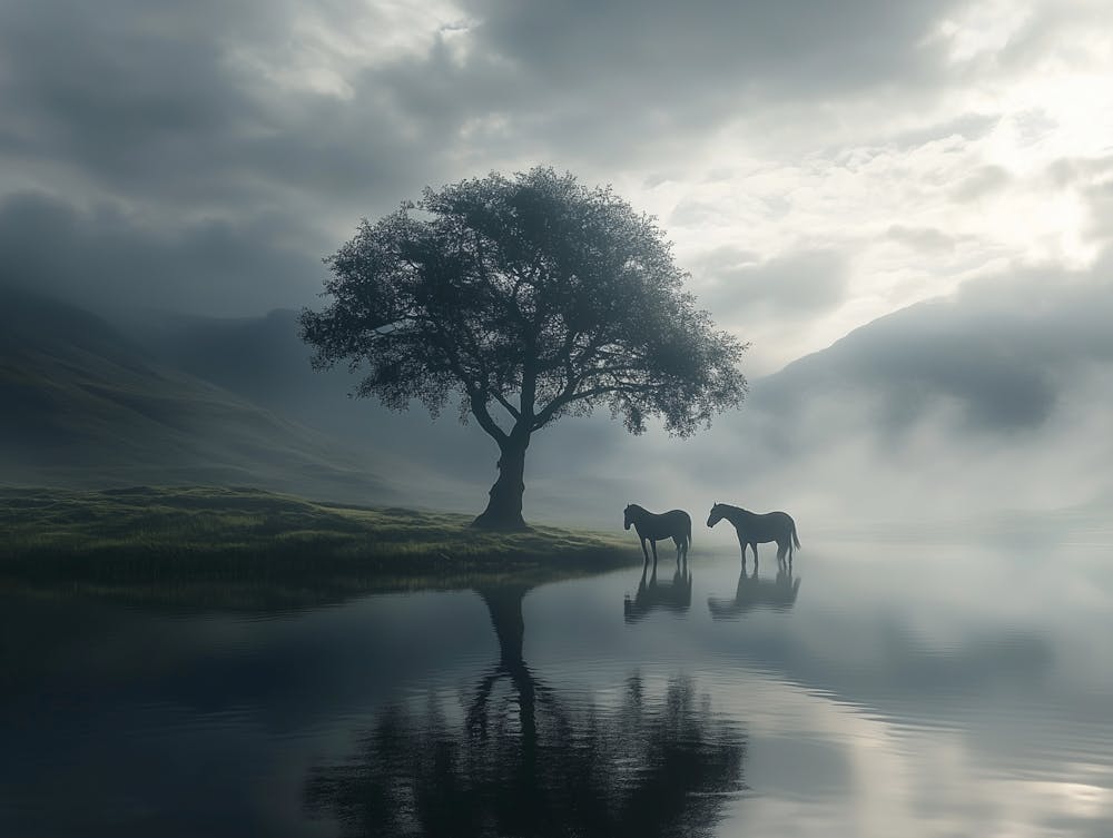 Eine Melancholische, Romantische Fotorealistische Nebellandschaft, Aufgenommen Mit Einem Weitwinkelobjektiv 1