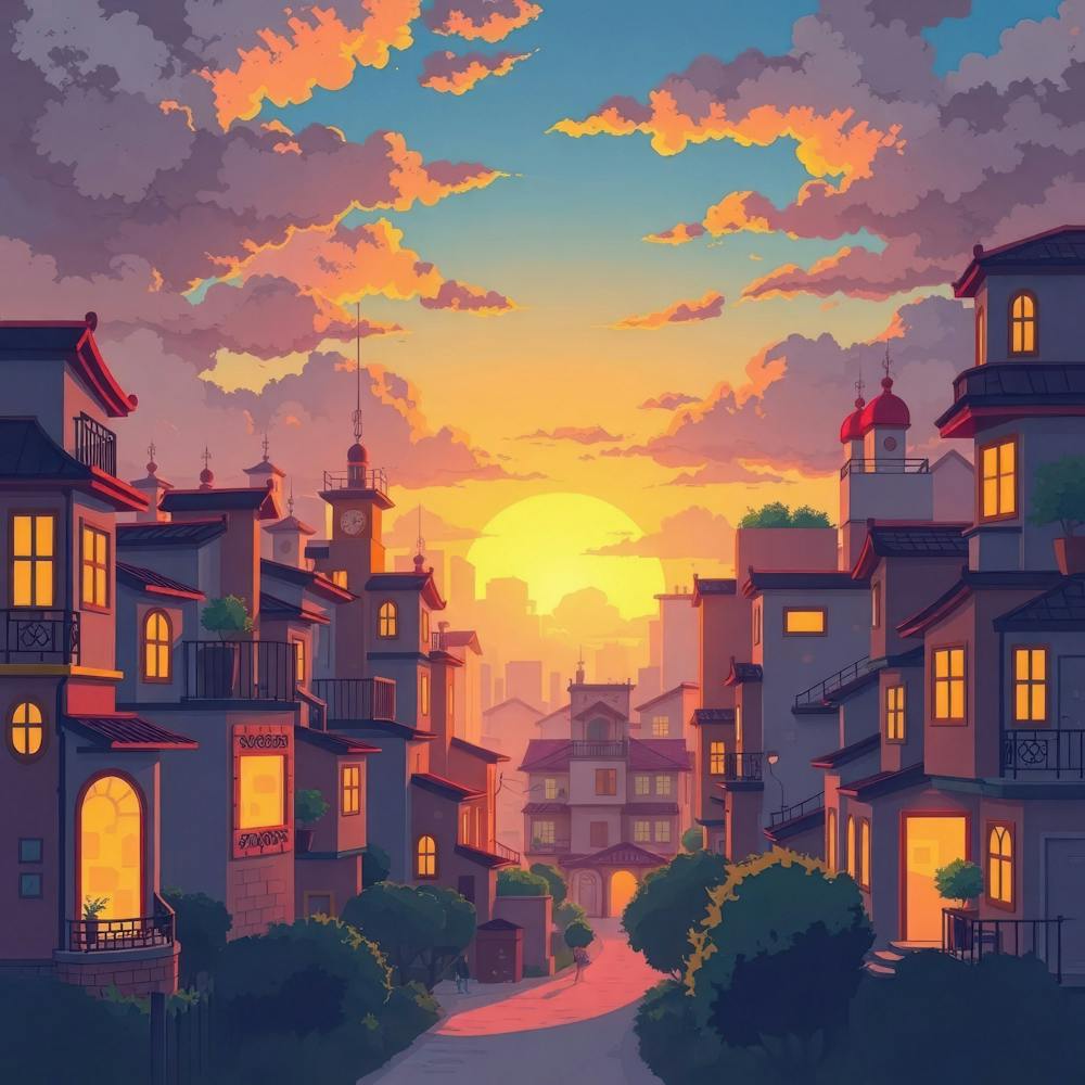 Cartoon-Stadt bei Sonnenuntergang