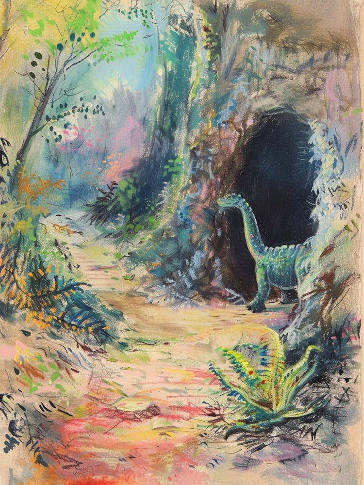 Dinosaur In A Cave Storybook Illustration 1