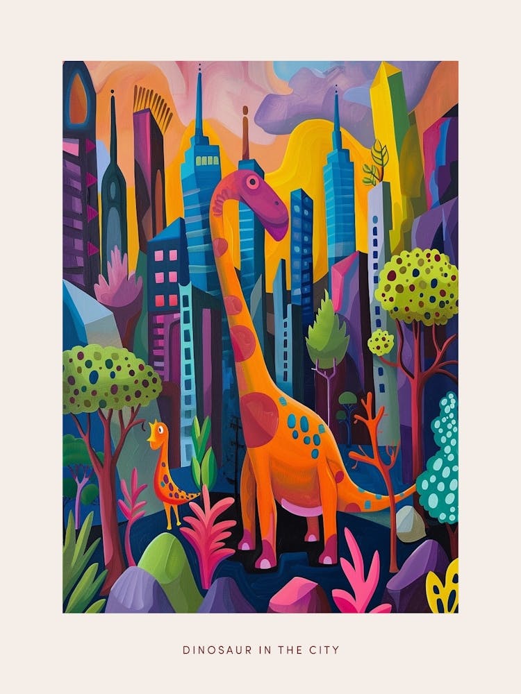 Colourful Dinosaur Cityscape Painting 2 Poster