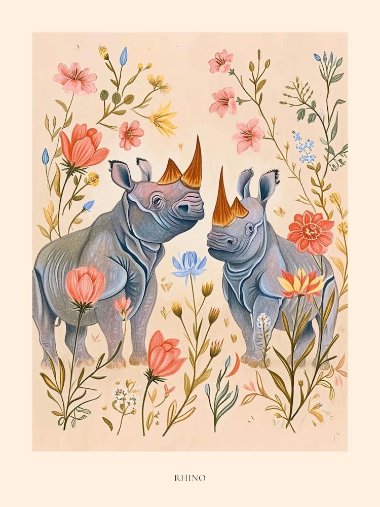Folksy Floral Animal Drawing Rhino 3 Poster