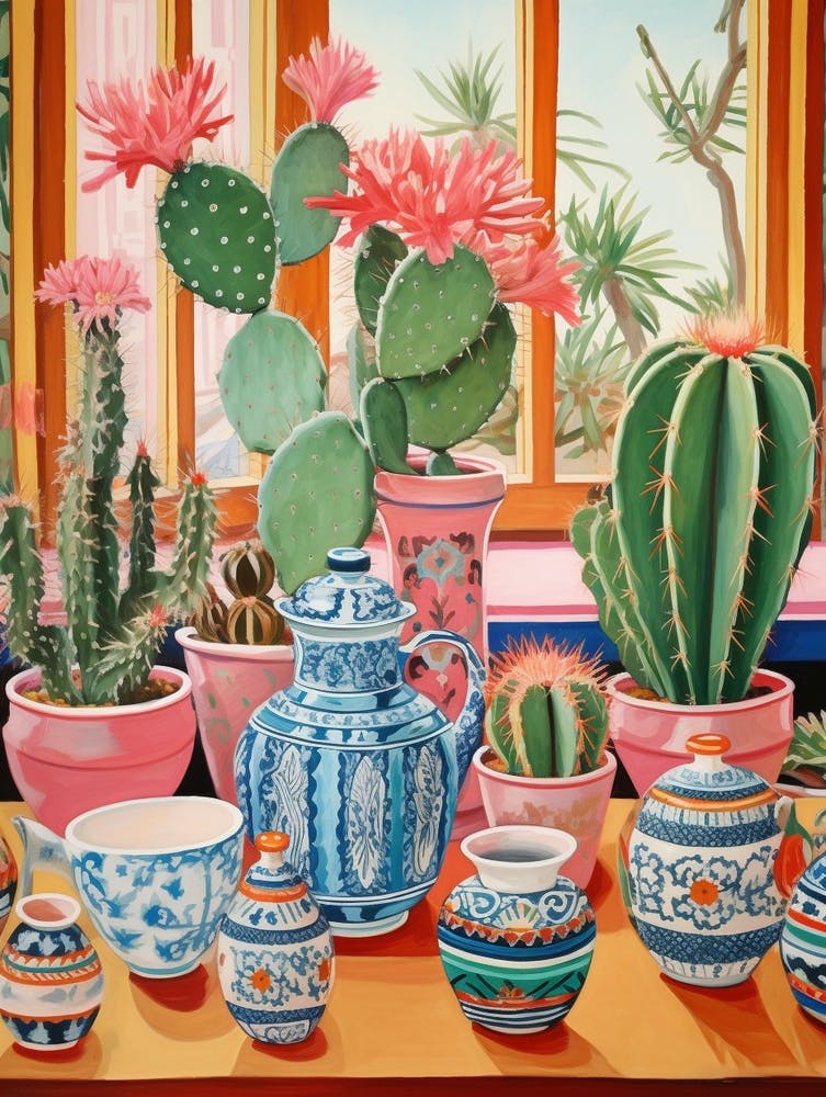 Cactus Painting Maximalist Still Life Echinocereus Cactus 3