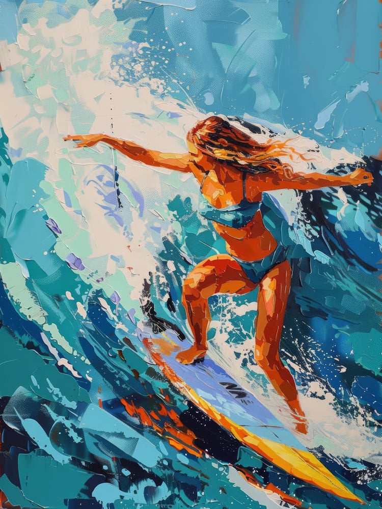 Girl In The Sea On The Waves Riding A Surfboard Painting In Pop Art Style 5