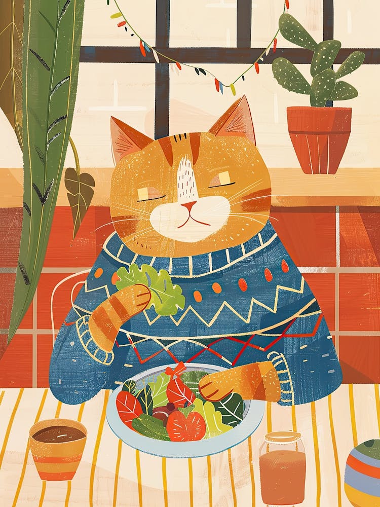 Tan Cat Eating A Salad Folk Illustration 1