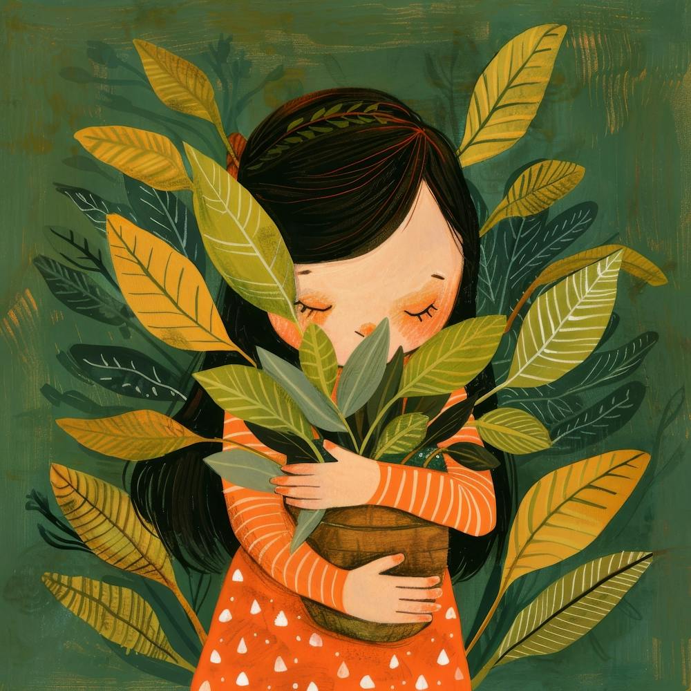 Little Girl Hugging Plants
