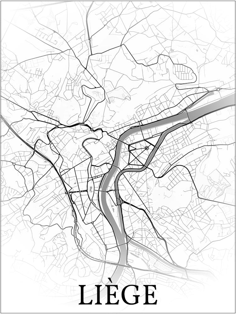 Liège, Liège, Belgium, City Map, Black And White Fade Design