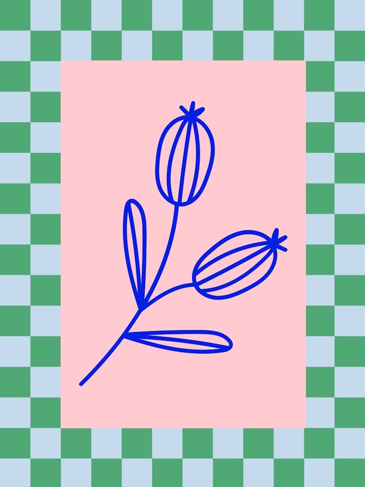 Modern Checkered Flower Poster Blue & Pink 15