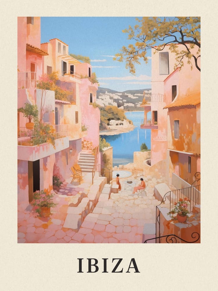 Ibiza Spain 4 Vintage Pink Travel Illustration Poster