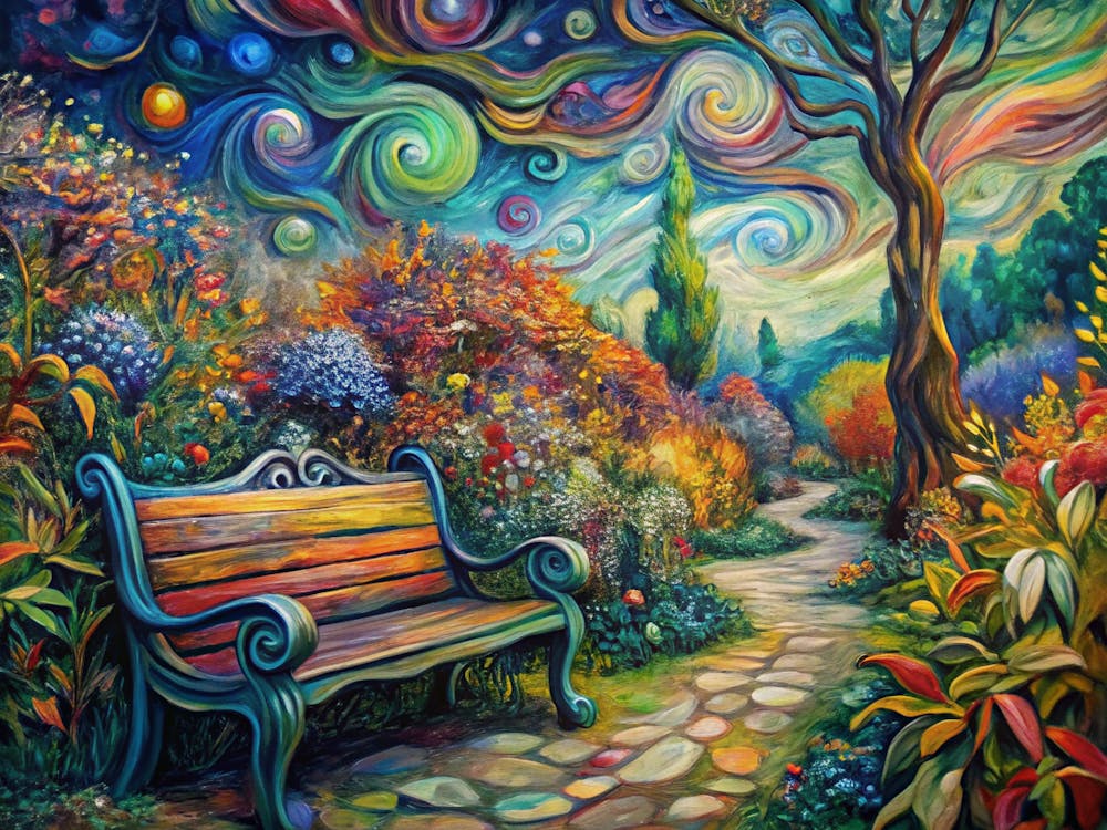 Van Gogh Eine Gartenbank umgeben von bunten Pflanzen