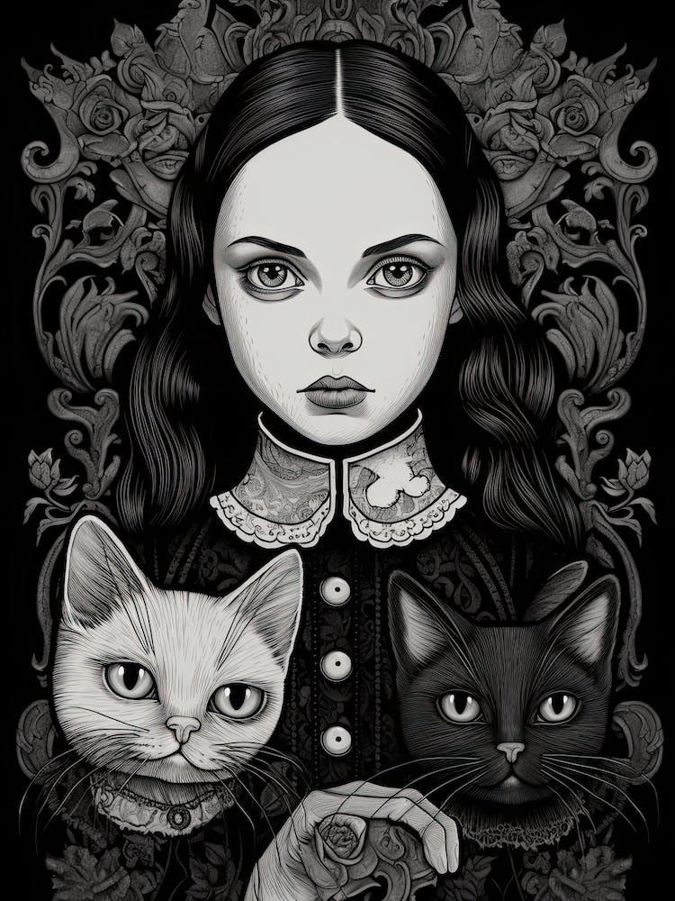 Wednesday Addams And A Cat Line Art Noveau 1 Fan Art