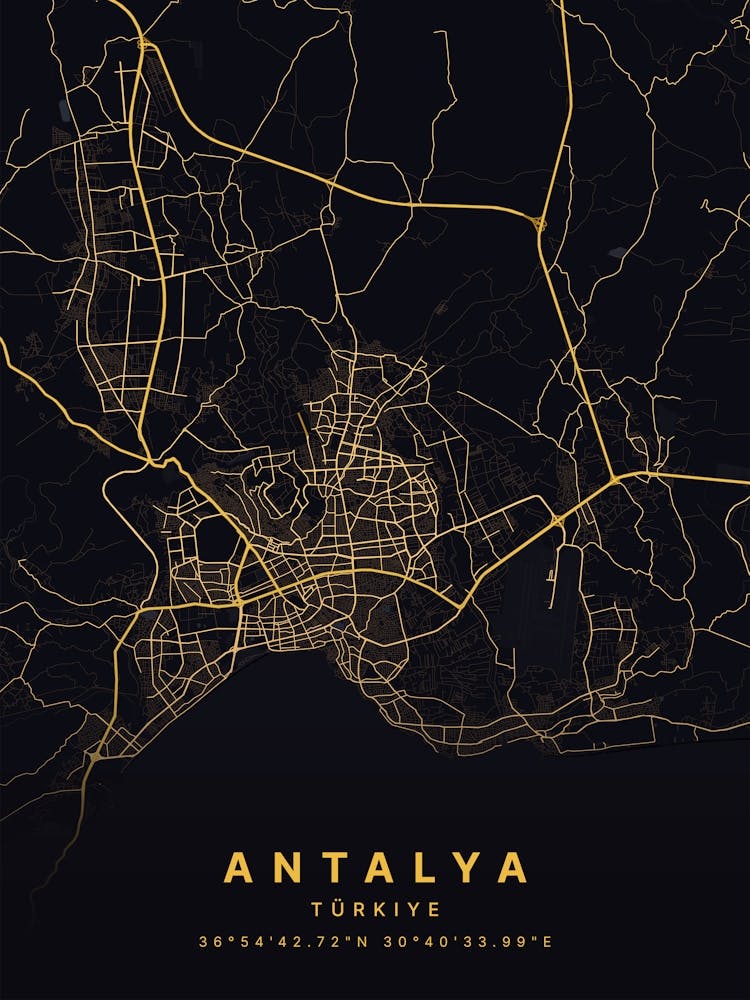 Antalya Turkiye Black And Gold Map