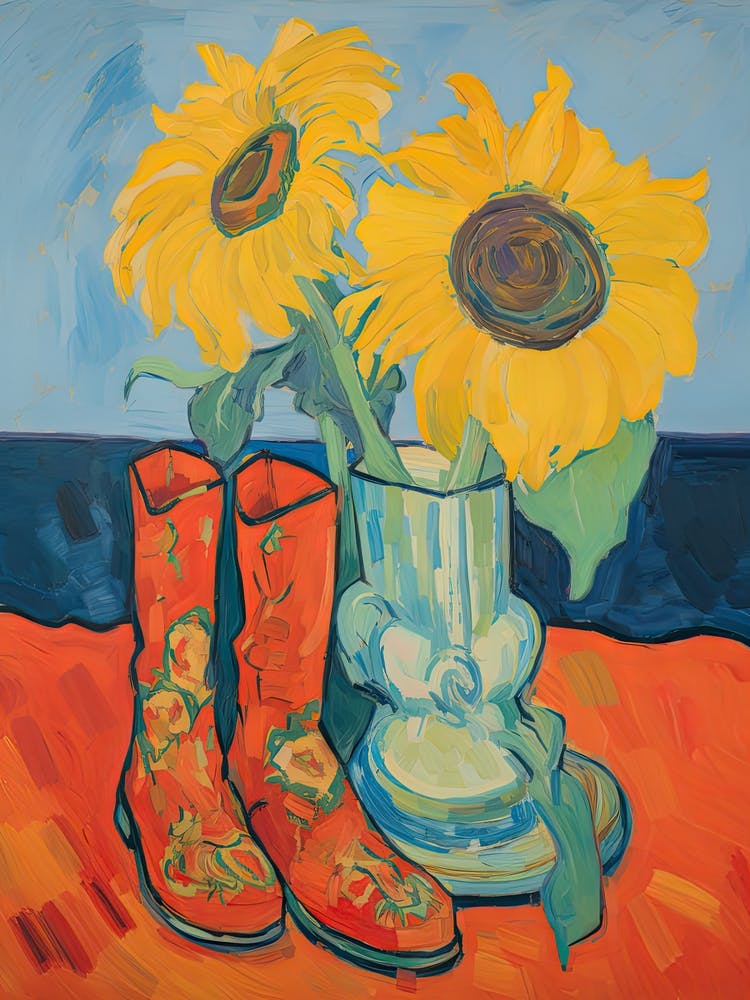Painting Of Sunflower Flowers And Cowboy Boots, Oil Style 2