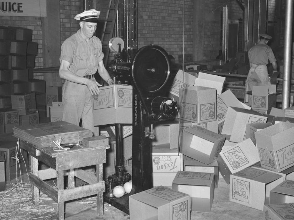Stitching Cardboard Boxes, Grapefruit Canning Plant, Weslaco, Texas By Russell Lee