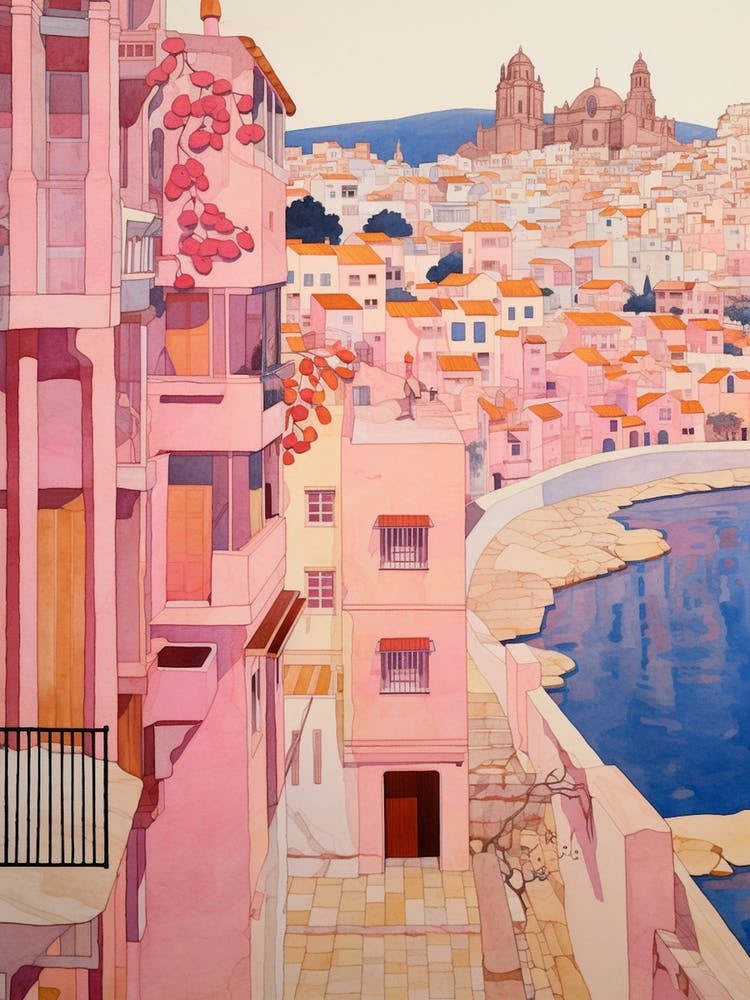 Cartagena Spain 3 Vintage Pink Travel Illustration