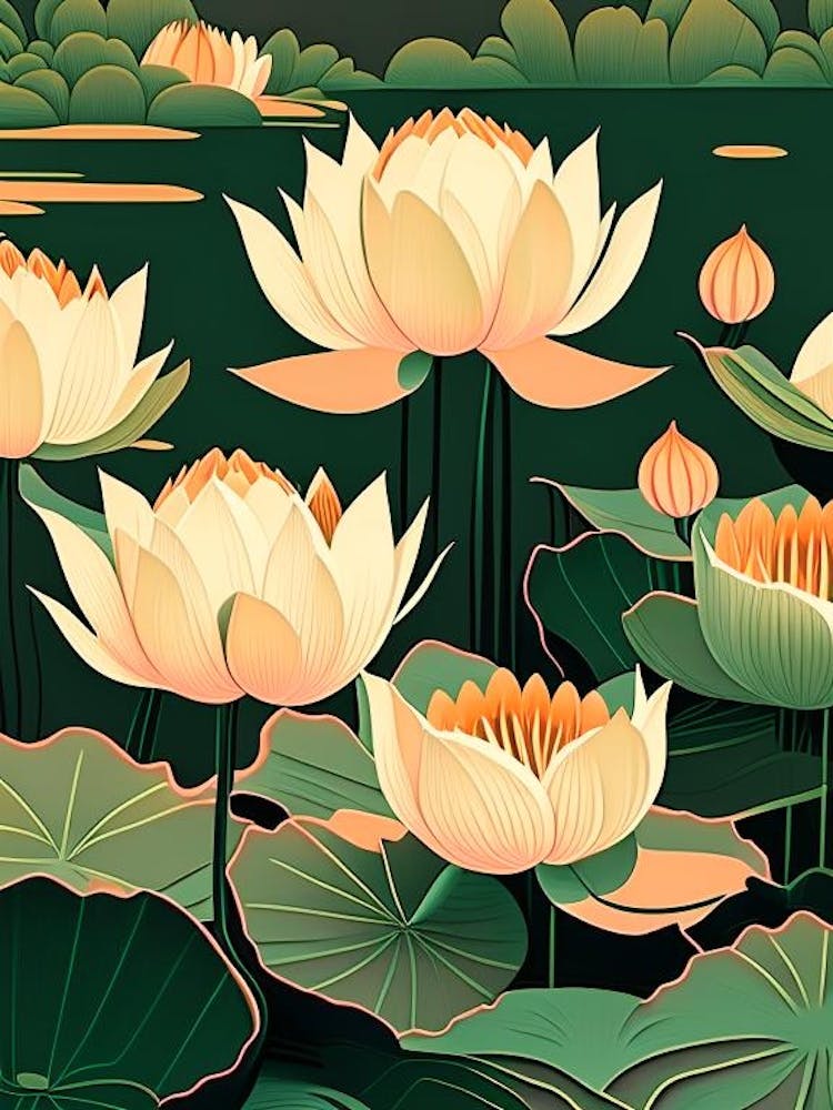 Lotus Flowers In Park Retro Illustration 3