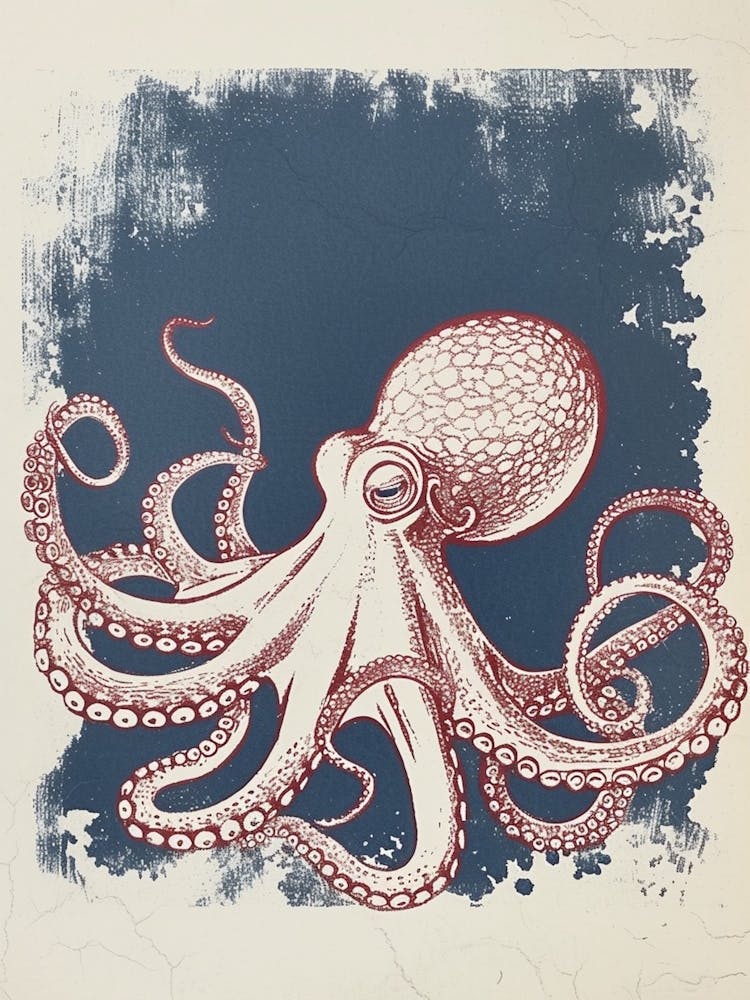 Octopus Swimming Around With Tentacles Red Navy Linocut Inspired 1