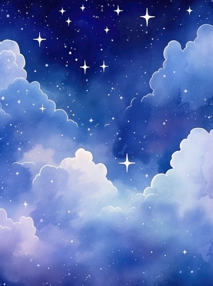 Watercolor Sky With Stars And Clouds