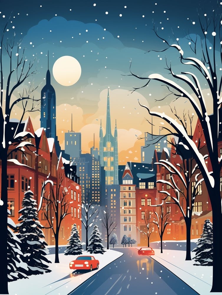 Winter Travel Night Illustration Frankfurt Germany