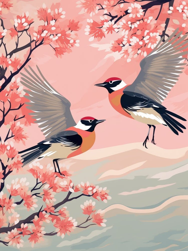 Vintage Japanese Inspired Bird Print Cedar Waxwing 1