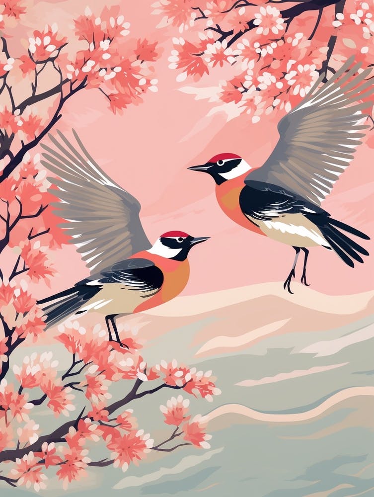Vintage Japanese Inspired Bird Print Cedar Waxwing 1