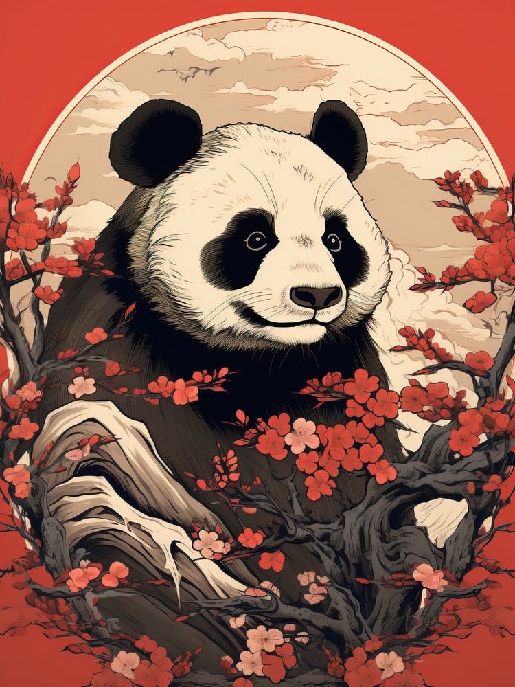 Panda Animal Drawing In The Style Of Ukiyo E 4