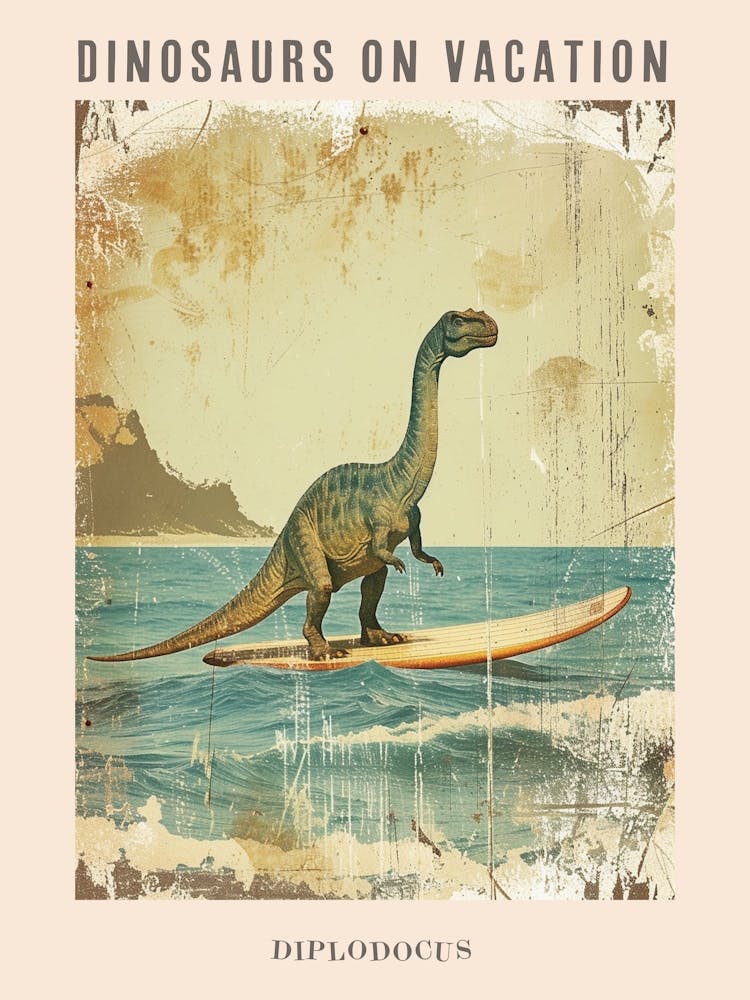 Vintage Diplodocus Dinosaur On A Surf Board 4 Poster