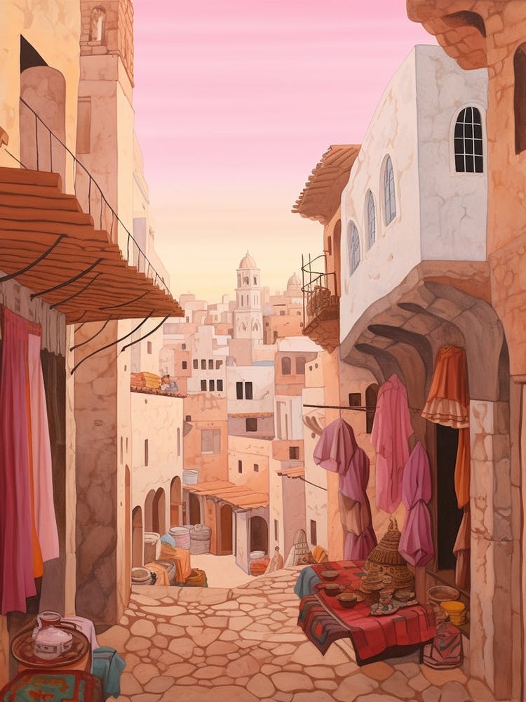 Essaouira Morocco 4 Vintage Pink Travel Illustration