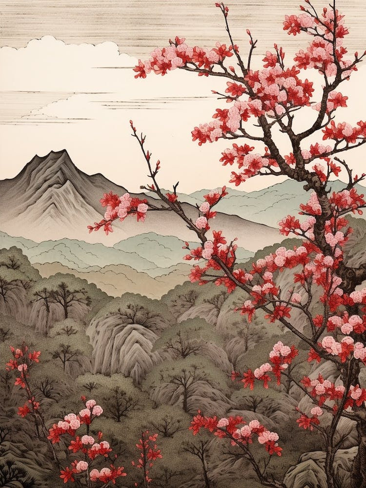 Yama Zakura Mountain Cherry Japanese Botanical Illustration